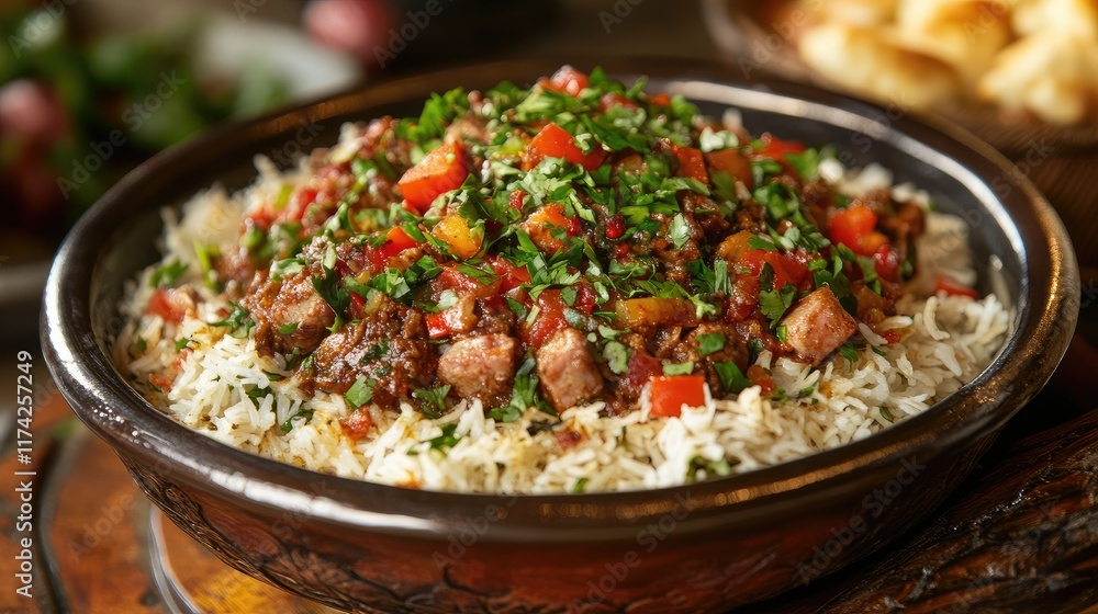 Traditional dish featuring vibrant herbs and spices served over a bed of fragrant rice in an elegant culinary presentation Traditional dish featuring vibrant herbs and spices served over a bed of fragrant rice in an elegant culinary presentation