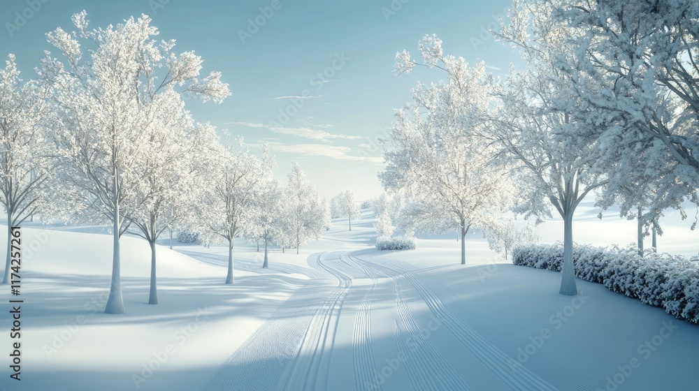 Serene winter landscape featuring snow-covered trees and ski tracks under a blue sky on a peaceful snowy day