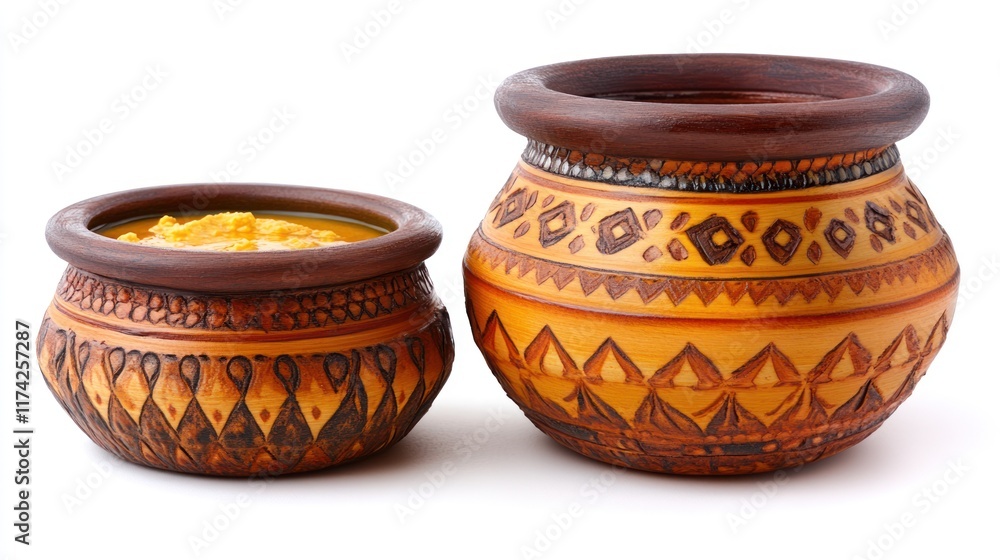 Two decorative earthenware pots. The smaller pot contains a yellow substance. Ideal for serving dips or condiments. Two decorative earthenware pots. The smaller pot contains a yellow substance. Ideal for serving dips or condiments.