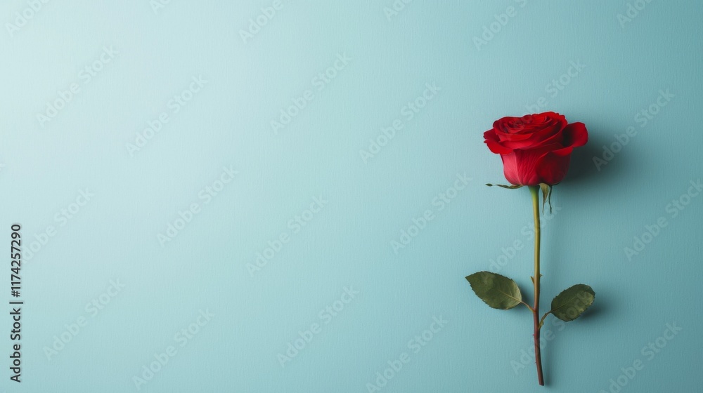 Obraz premium A single red rose rests elegantly against a soft blue background, symbolizing beauty and romance.
