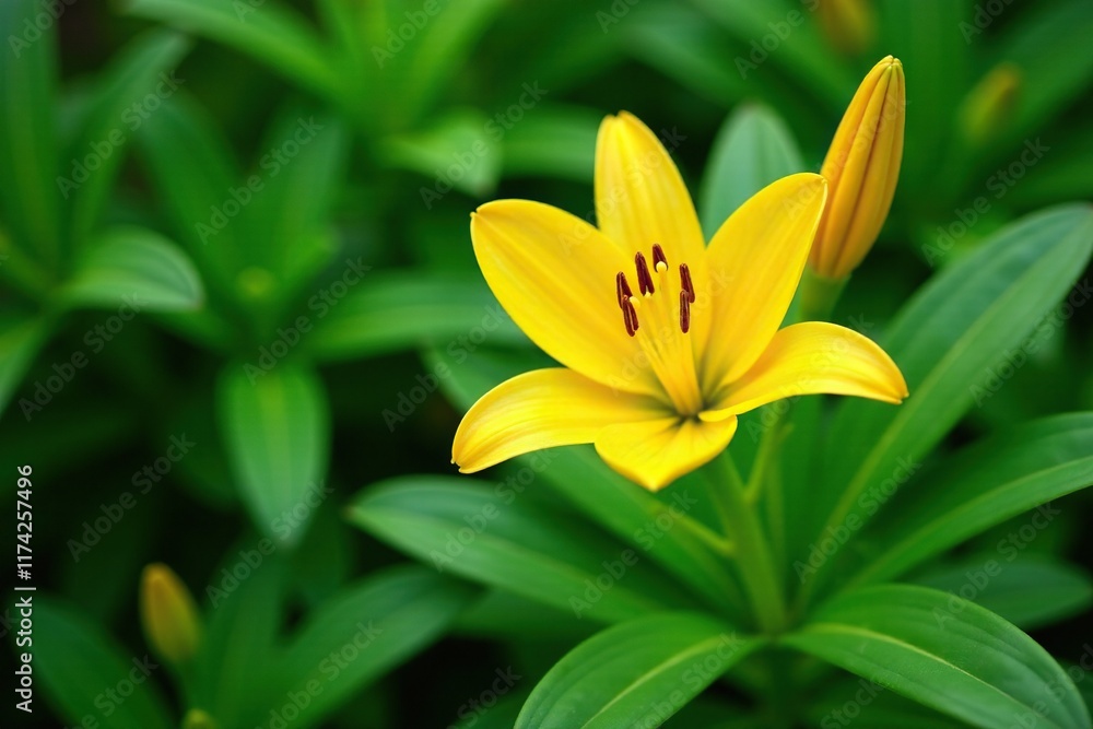 Obraz premium Delicate yellow lily flower with tightly closed bud on lush green foliage, flowers, green, leafy