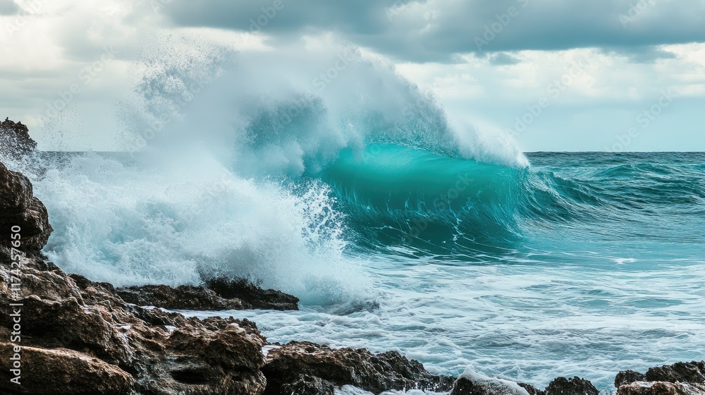 Majestic turquoise wave crashing against rocky shoreline under overcast sky at a beautiful beach setting Majestic turquoise wave crashing against rocky shoreline under overcast sky at a beautiful beach setting