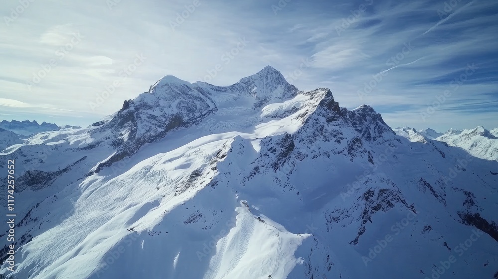 Aerial view of majestic snow covered mountain peaks showcasing breathtaking alpine scenery in winter season Aerial view of majestic snow covered mountain peaks showcasing breathtaking alpine scenery in winter season