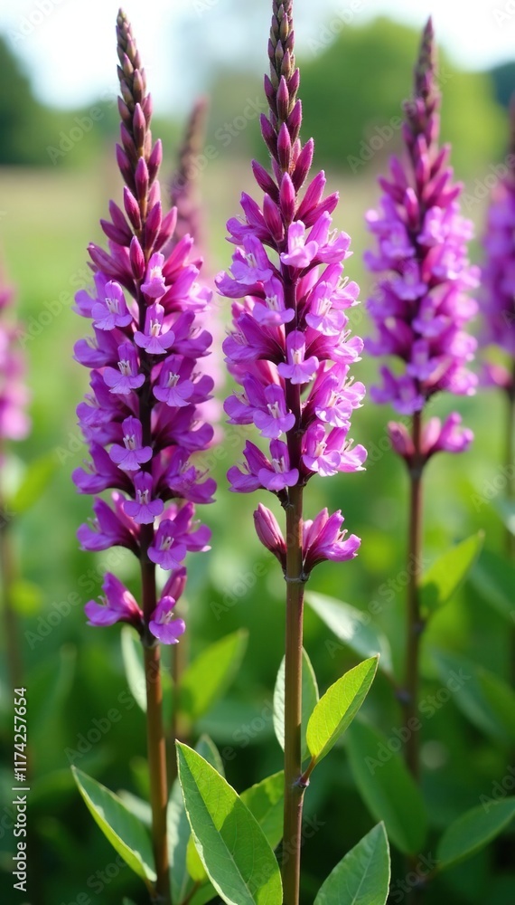 Obraz premium Dense purple loosestrife flowers swaying in wind, plant, loosestrife