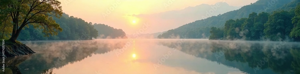Fototapeta premium Gentle morning light pours over a serene lake, silence, reflection, calm