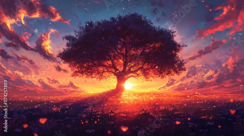 Majestic sunset over a silhouette tree creating a serene and colorful landscape in the evening sky photo