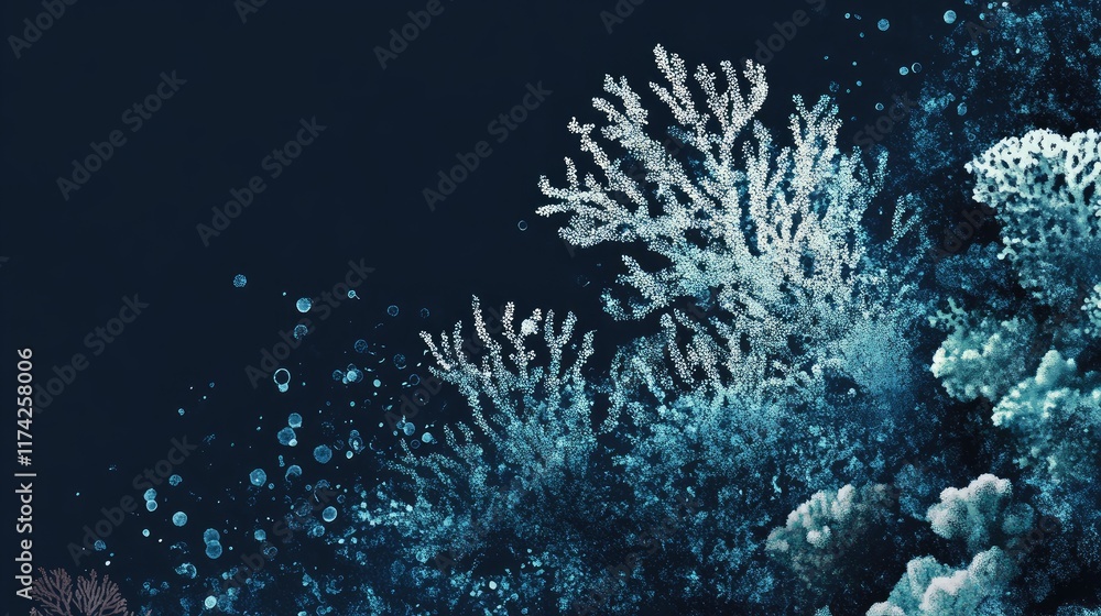 Obraz premium Coral Reef Illustration in Deep Aquamarine with Abstract Aquatic Elements and Bubbles for Underwater Themes and Designs