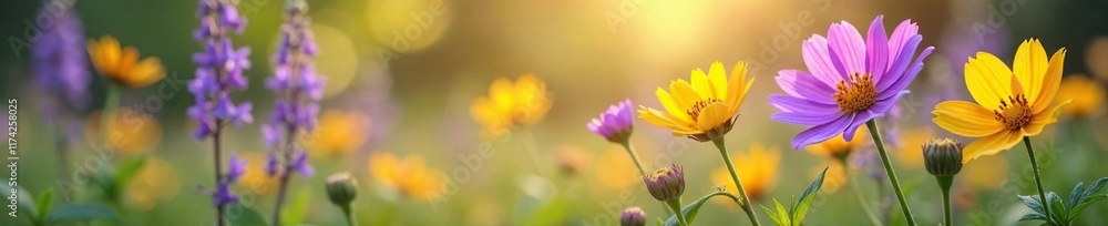 Purple and yellow flowers swaying gently in the breeze, , floral, nature Purple and yellow flowers swaying gently in the breeze, , floral, nature