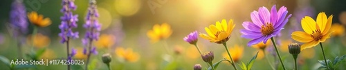 Purple and yellow flowers swaying gently in the breeze, , floral, nature photo