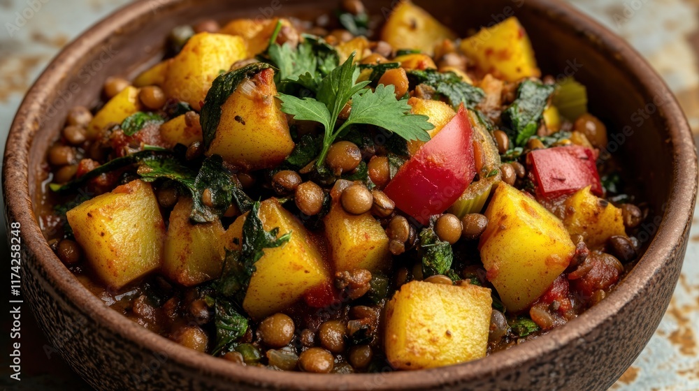 Savory lentil stew with potatoes, spinach, and spices. A hearty and flavorful vegetarian meal perfect for a cozy dinner.