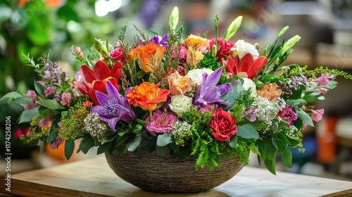 Wallpaper Mural Vibrant floral arrangement in a rustic bowl showcasing a mix of colorful flowers ideal for celebrations and home decor settings Torontodigital.ca