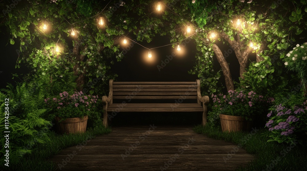 Obraz premium Serene Night Garden: A Wooden Bench Under String Lights