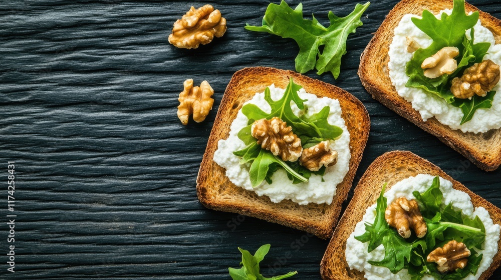Fototapeta premium Open faced sandwich with ricotta cheese chicory salad and walnuts on toasted bread for a nutritious breakfast on a dark wooden surface