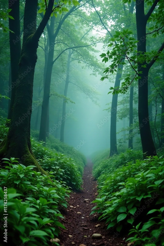Fototapeta premium Overgrown path leads through a mist-shrouded forest, mist, secluded