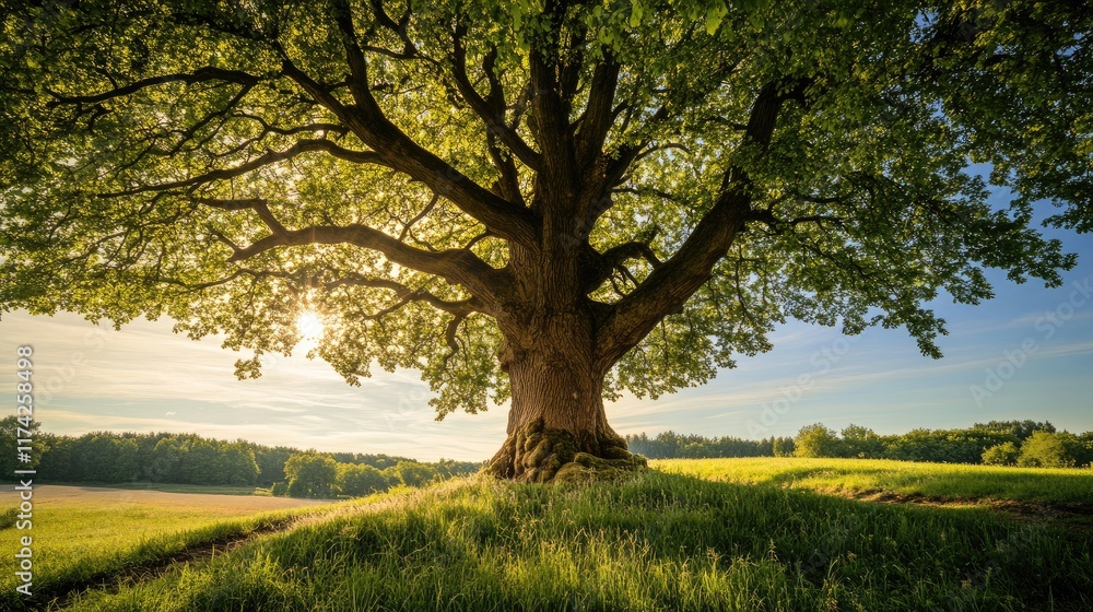 Majestic old tree standing tall in a lush green field under a bright sky emphasizing the importance of nature conservation and care. Majestic old tree standing tall in a lush green field under a bright sky emphasizing the importance of nature conservation and care.