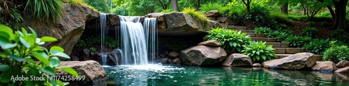 Serene waterfall cascades down terraced boulder garden, Pond, Nature, Greenery