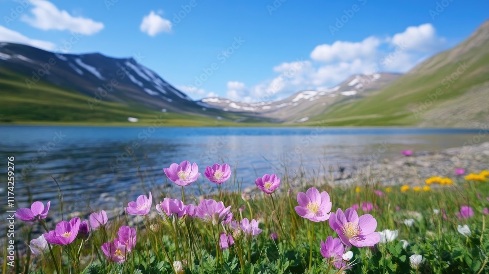 Obraz premium Scenic Landscape Featuring Wildflowers by a Serene Lake Surrounded by Mountains Under a Clear Blue Sky