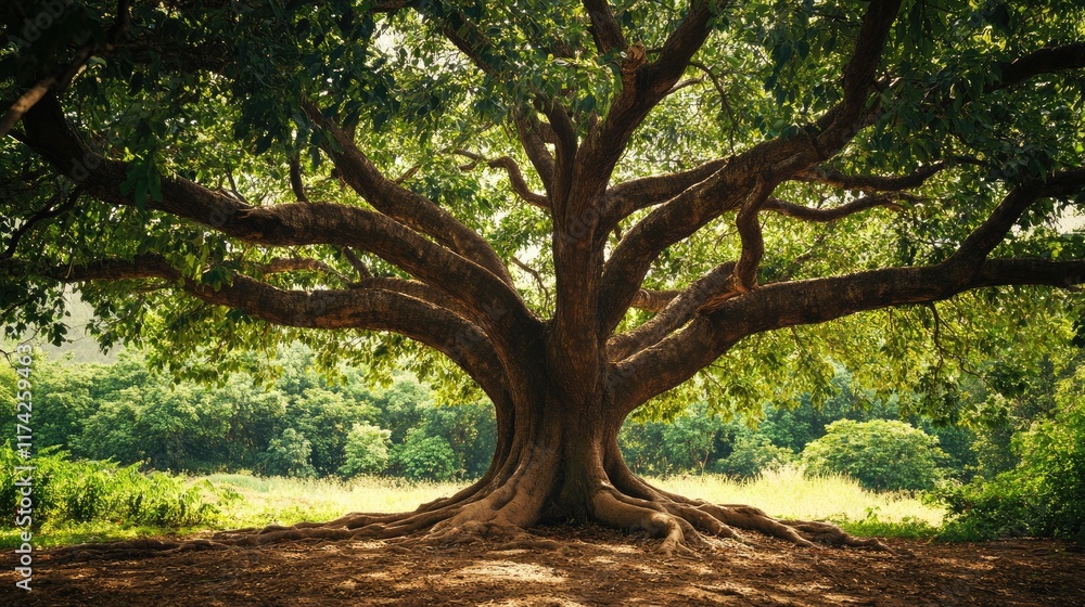 Naklejka premium Majestic tree with sprawling branches creating a serene natural landscape under dappled sunlight in lush green surroundings