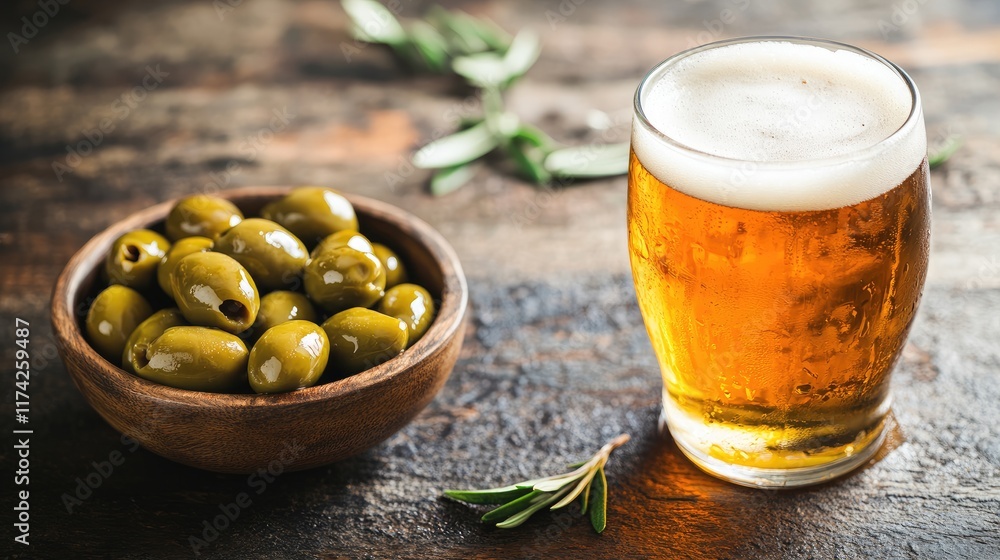 Refreshing beer served with a bowl of green olives on a rustic wooden table ideal for casual dining and social gatherings. Refreshing beer served with a bowl of green olives on a rustic wooden table ideal for casual dining and social gatherings.