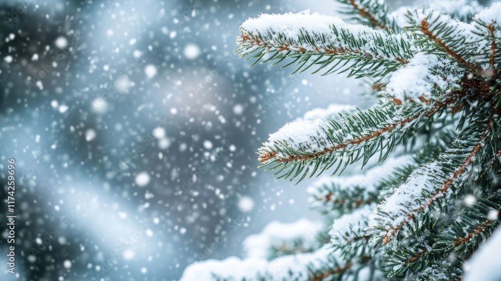 Snowy winter landscape with fir tree branches and falling snow creating a serene backdrop perfect for holiday greetings or seasonal promotions Snowy winter landscape with fir tree branches and falling snow creating a serene backdrop perfect for holiday greetings or seasonal promotions