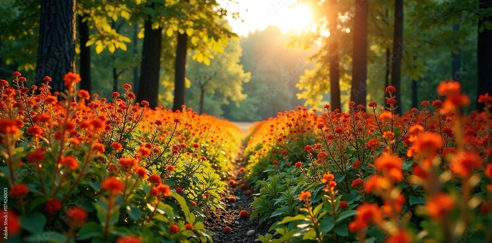 Obraz premium Sea buckthorn bushes in a sunny forest clearing, sea buckthorn, landscape