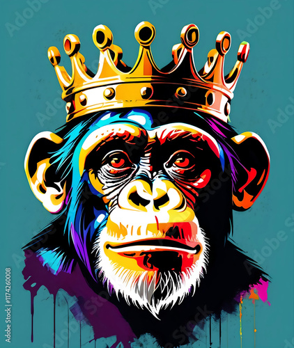 Chimpanzee with a crown, t-shirt or poster artistic design. photo