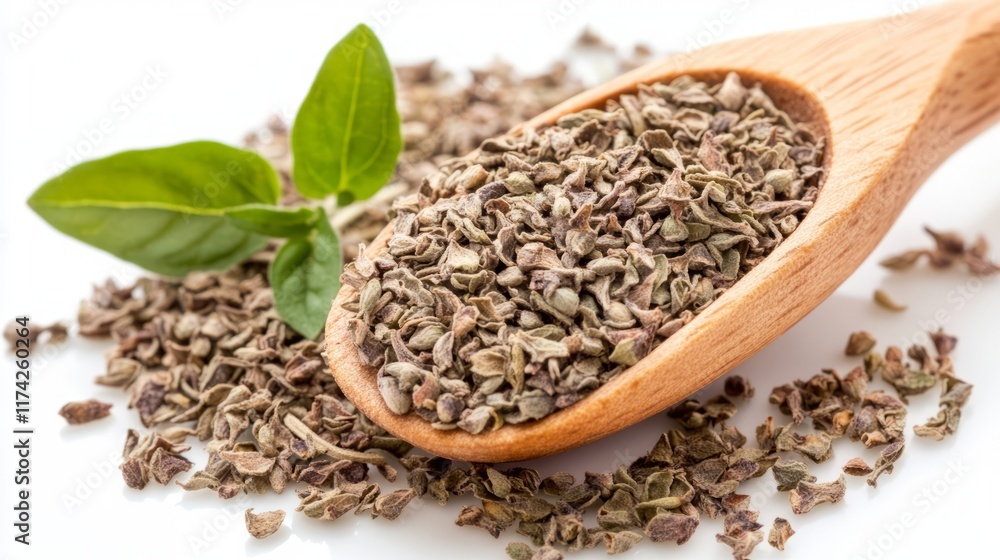Pile of dried oregano leaves with wooden spoon isolated on white background Pile of dried oregano leaves with wooden spoon isolated on white background