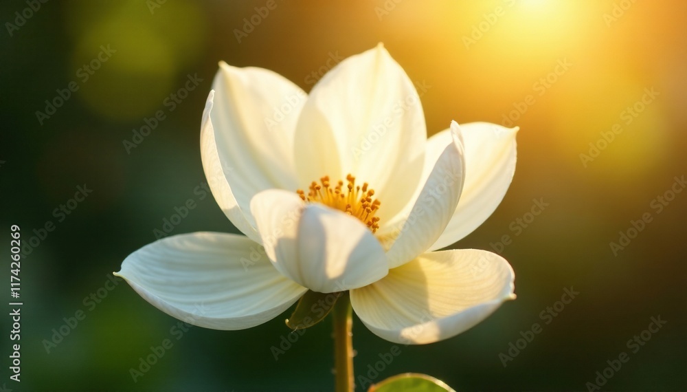 Delicate white petals unfold in sunlight's warm glow, backlit, blossom Delicate white petals unfold in sunlight's warm glow, backlit, blossom