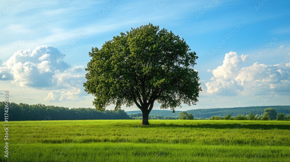 Obraz premium Majestic green tree standing alone in a vibrant field under a bright blue sky with fluffy clouds in a serene natural landscape