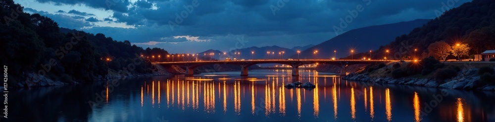 Glowing lights on a bridge spanning a calm and peaceful river at night, landscape, bridge, lighting Glowing lights on a bridge spanning a calm and peaceful river at night, landscape, bridge, lighting