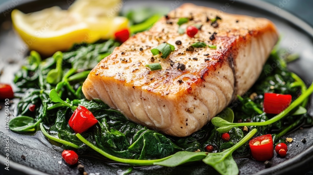 Grilled tuna fillet served on seasoned spinach with lemon and colorful spices showcasing a delicious seafood dish in an elegant presentation Grilled tuna fillet served on seasoned spinach with lemon and colorful spices showcasing a delicious seafood dish in an elegant presentation