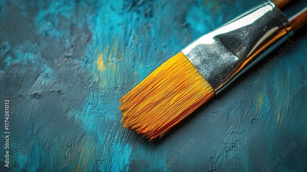 Detailed close-up of a paint brush resting on vibrant textured canvas showcasing rich artistic colors and strokes for creative backgrounds Detailed close-up of a paint brush resting on vibrant textured canvas showcasing rich artistic colors and strokes for creative backgrounds