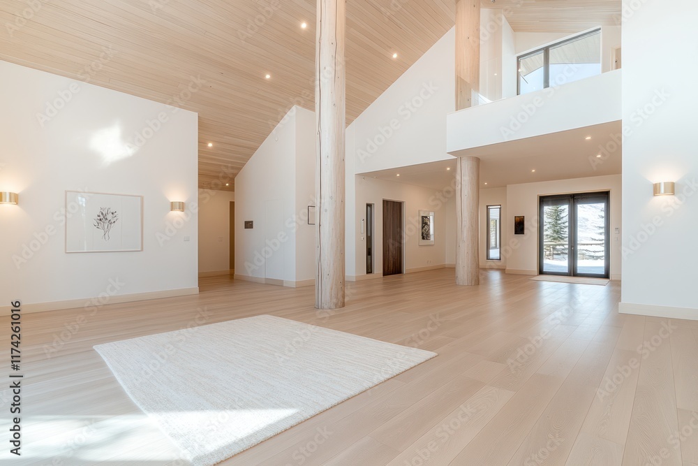 Rustic Charm: Tree Trunk Columns in Modern Entrance Hall with Wooden Door Rustic Charm: Tree Trunk Columns in Modern Entrance Hall with Wooden Door