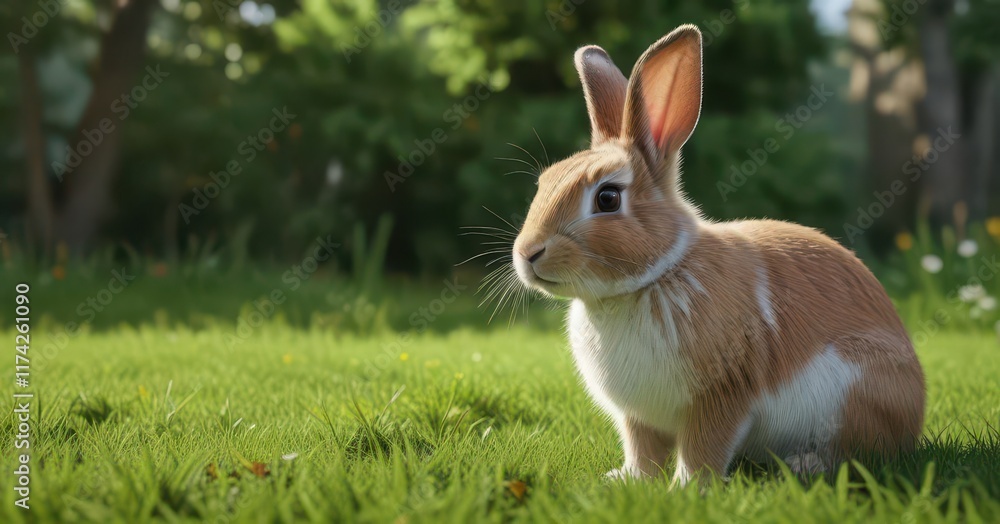 Fototapeta premium Bunny rabbit sitting on grass with twitching nose, animal sitting, cute animal, nature