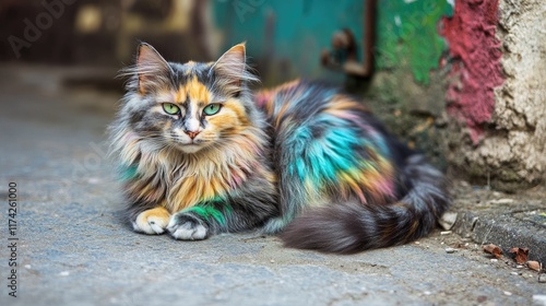 Colorful stray cat resting gracefully outdoors against a vibrant urban backdrop photo