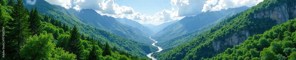 Majestic green forest mountains with fluffy white clouds in the sky and sparkling waterfalls, majestic, mountain, waterfall Majestic green forest mountains with fluffy white clouds in the sky and sparkling waterfalls, majestic, mountain, waterfall