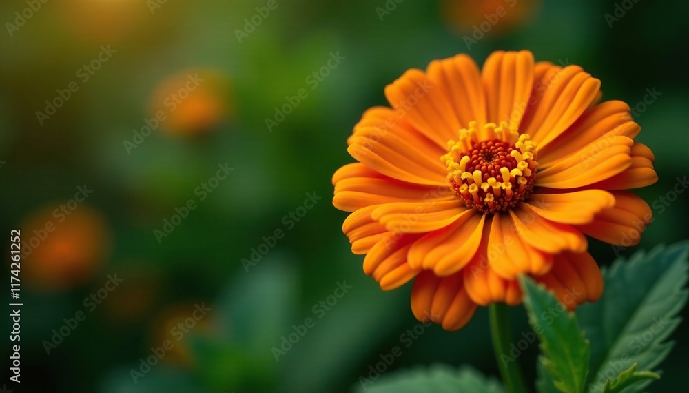 Orange zinnia in full bloom with green leaves, nectar, pollen Orange zinnia in full bloom with green leaves, nectar, pollen