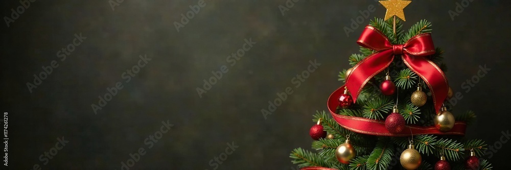 Red and gold ribbon wrapped around a wooden tree topper, ribbons, foliage, ornaments Red and gold ribbon wrapped around a wooden tree topper, ribbons, foliage, ornaments