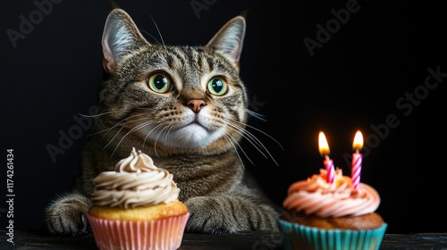 Funny cat celebrating birthday with cupcakes and candles against black background perfect for pet celebration invitations and social media posts photo