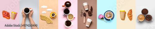 Collage of tasty coffee in cups, tasty croissants and sleep mask on color background, top view