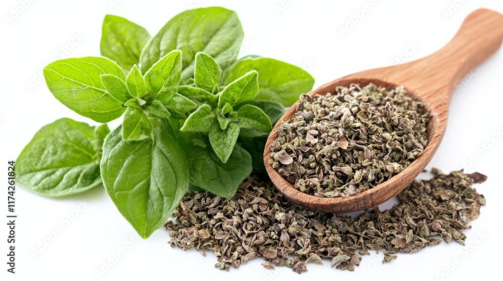 Pile of dried oregano leaves with wooden spoon isolated on white background Pile of dried oregano leaves with wooden spoon isolated on white background