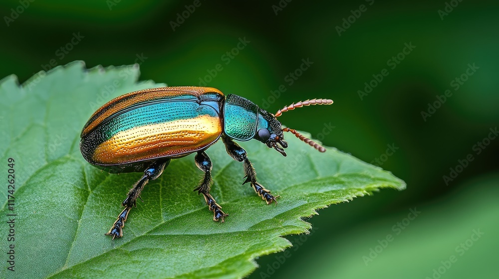 Vibrant metallic beetle perched on a green leaf showcasing nature's intricate details and colors in macro photography. Vibrant metallic beetle perched on a green leaf showcasing nature's intricate details and colors in macro photography.