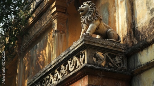 Statue of a majestic lion perched on a historic weighing house with intricate architectural details and weathered textures. photo