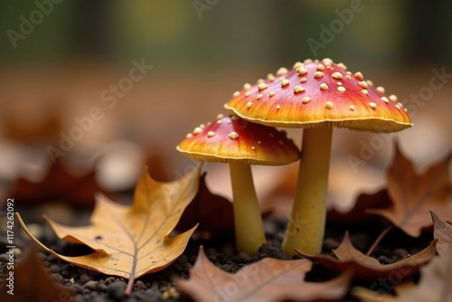 Three small Gymnopilus mushrooms in dry autumn leaves, autumn, gymnopilus photo