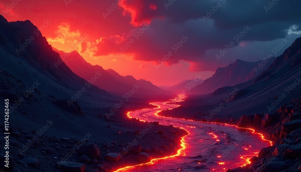 Naklejka premium Red hot lava flows across the night sky like liquid fire, intense, fiery, glowing