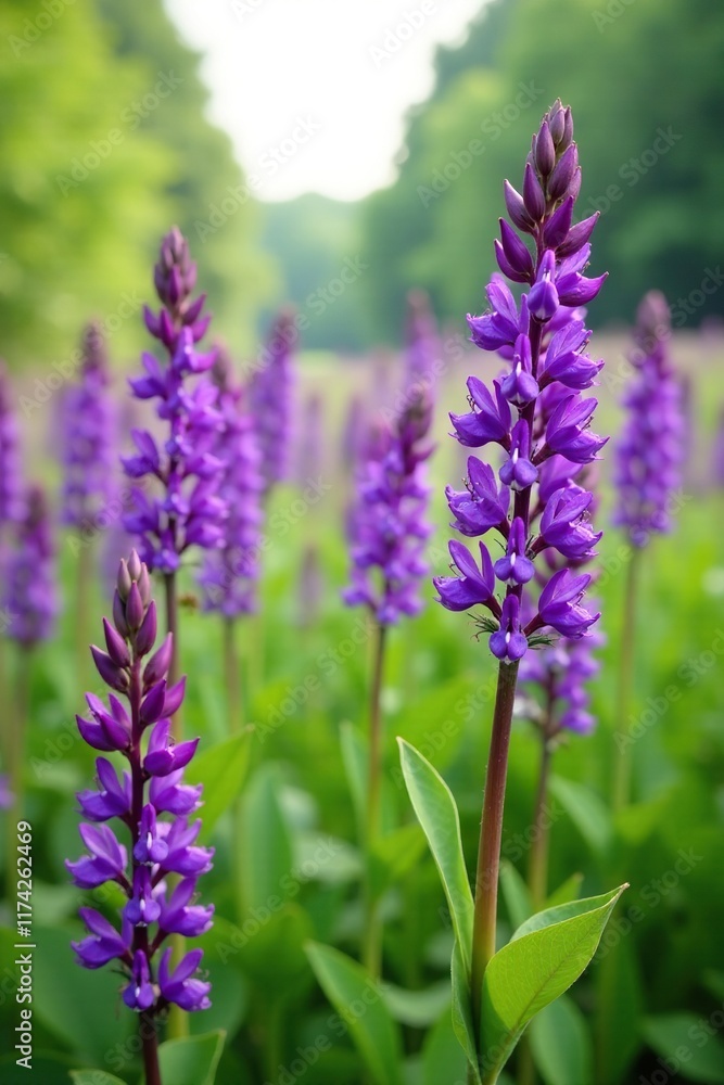 Obraz premium Dense purple loosestrife flowers swaying in wind, wetland, purple flowers, blooming