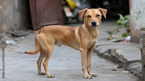 Street dog posing confidently on urban walkway showcasing resilience and spirit in a bustling environment. photo