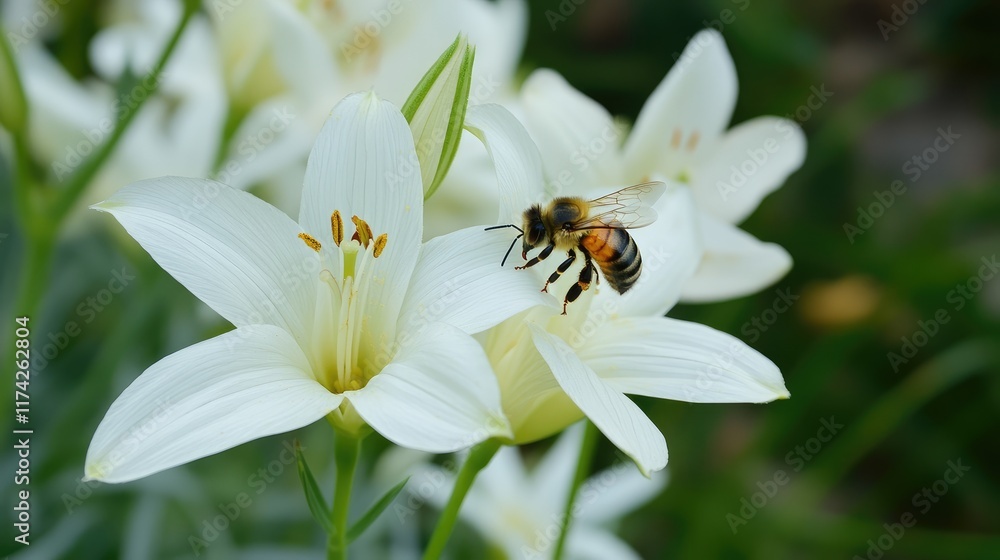 Bee pollinating white flower in a lush garden environment showcasing the important role of bees in nature and ecosystem sustainability Bee pollinating white flower in a lush garden environment showcasing the important role of bees in nature and ecosystem sustainability