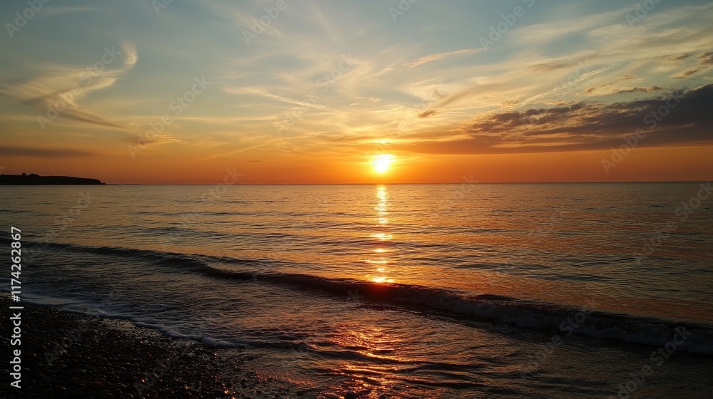 Serene summer sunset over calm sea reflecting golden hues on tranquil shoreline Serene summer sunset over calm sea reflecting golden hues on tranquil shoreline
