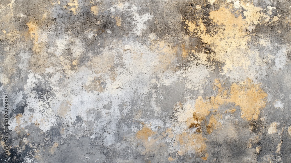 Textured Concrete Wall with Distressed Finishes in Shades of Gray and Gold for Use as a Background or Artistic Surface Design Textured Concrete Wall with Distressed Finishes in Shades of Gray and Gold for Use as a Background or Artistic Surface Design